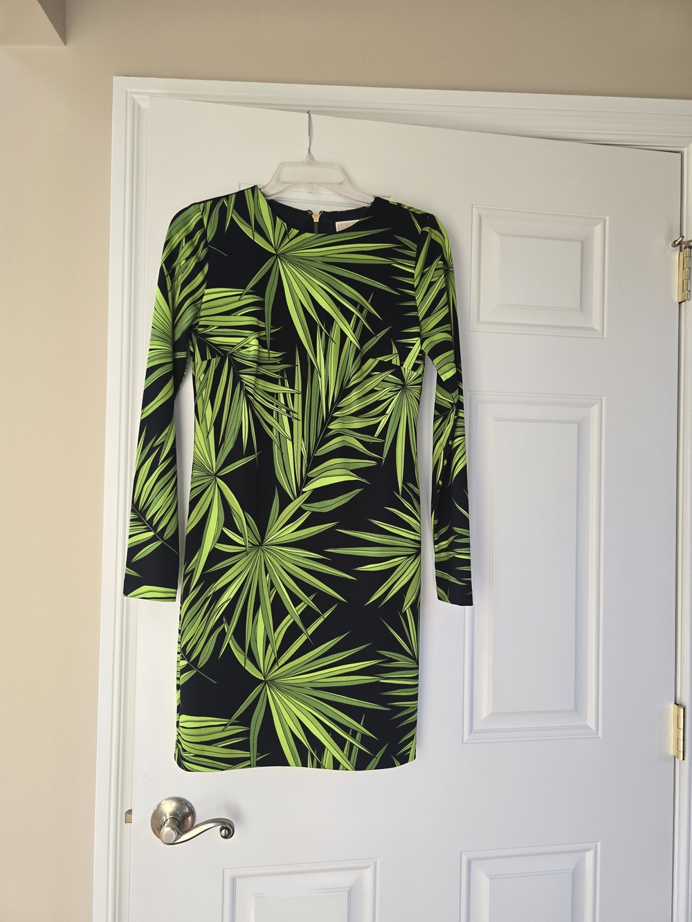 Michael Kors Black Long-Sleeve Dress with Neon Green Palm Print